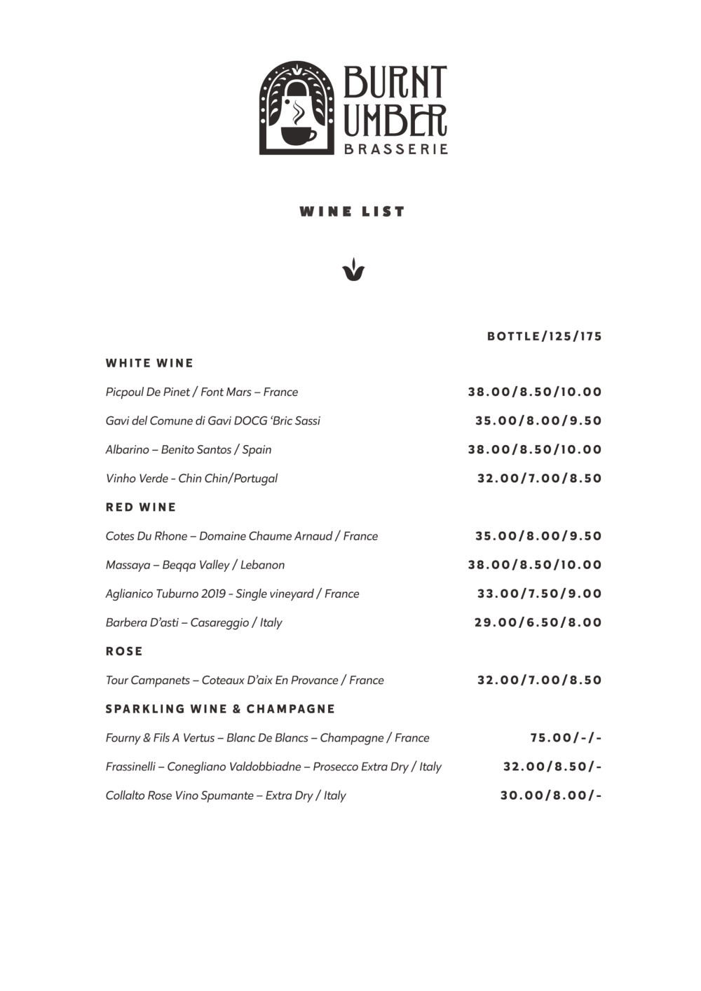 Burnt Umber Brasserie Menu Drinks: Wine List