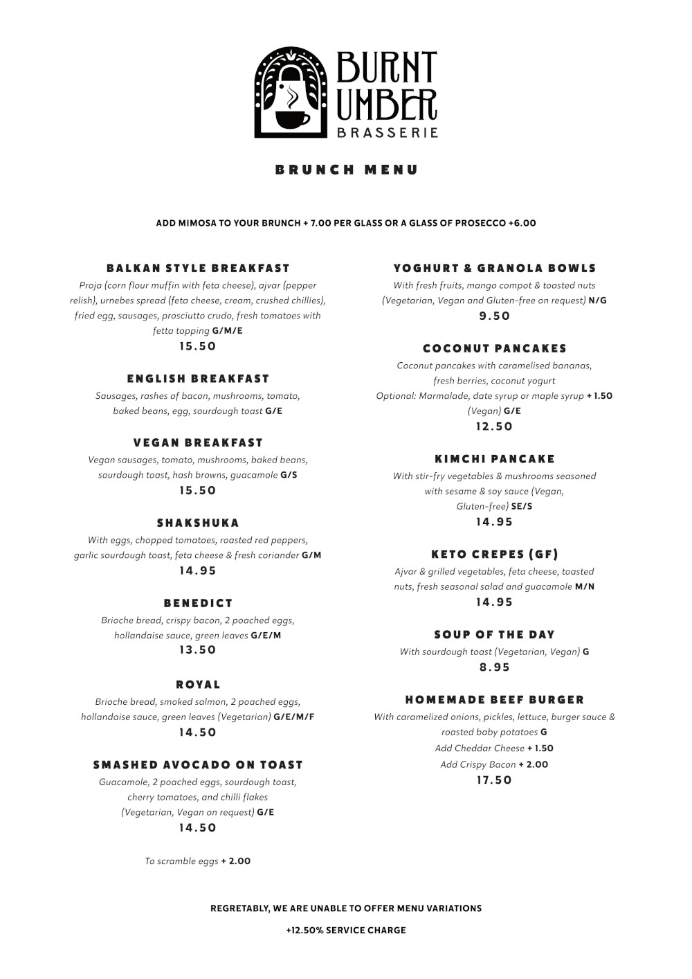 Burnt Umber Brasserie Menu: Brunch 1