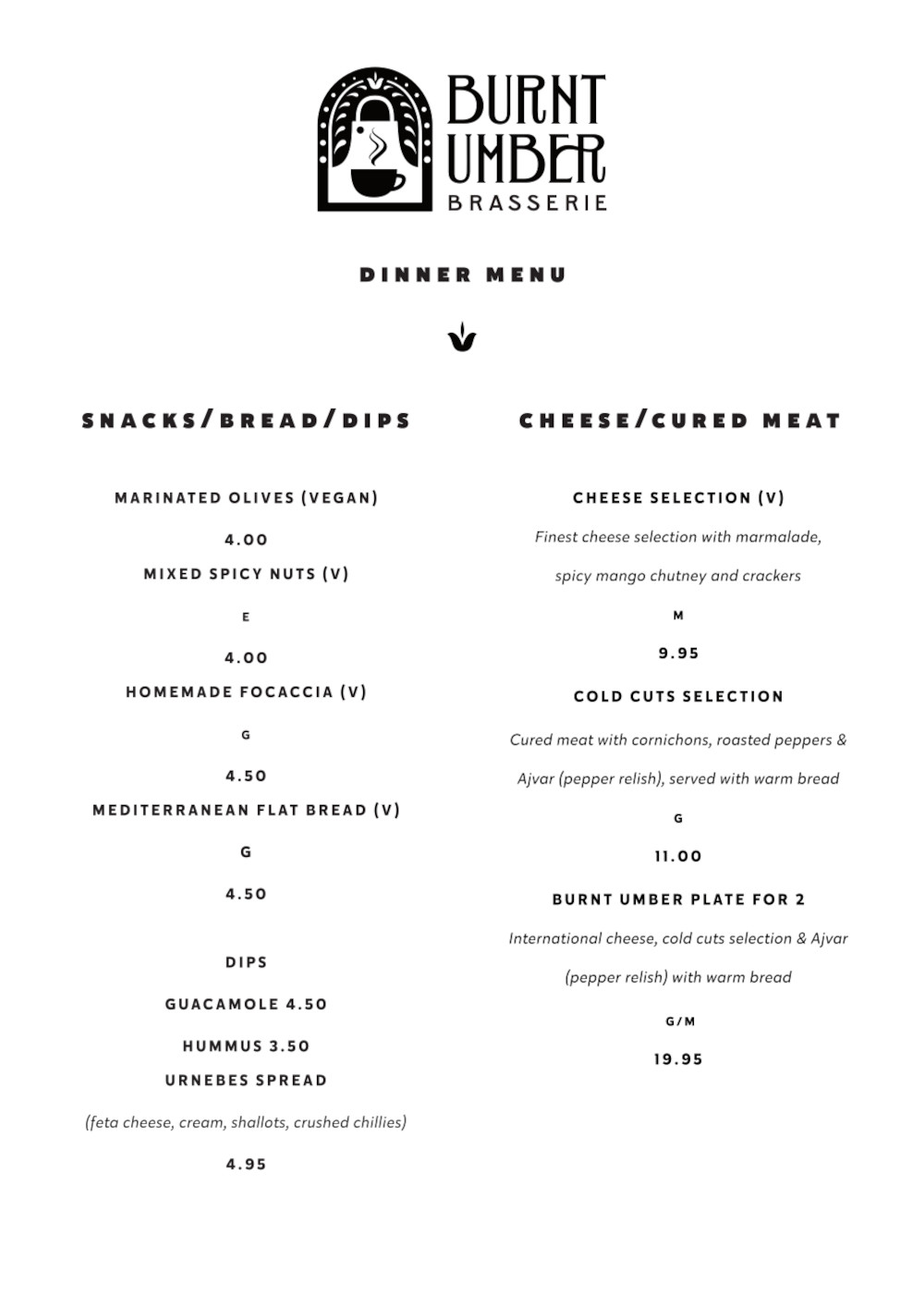 Burnt Umber Brasserie Menu: Dinner 1