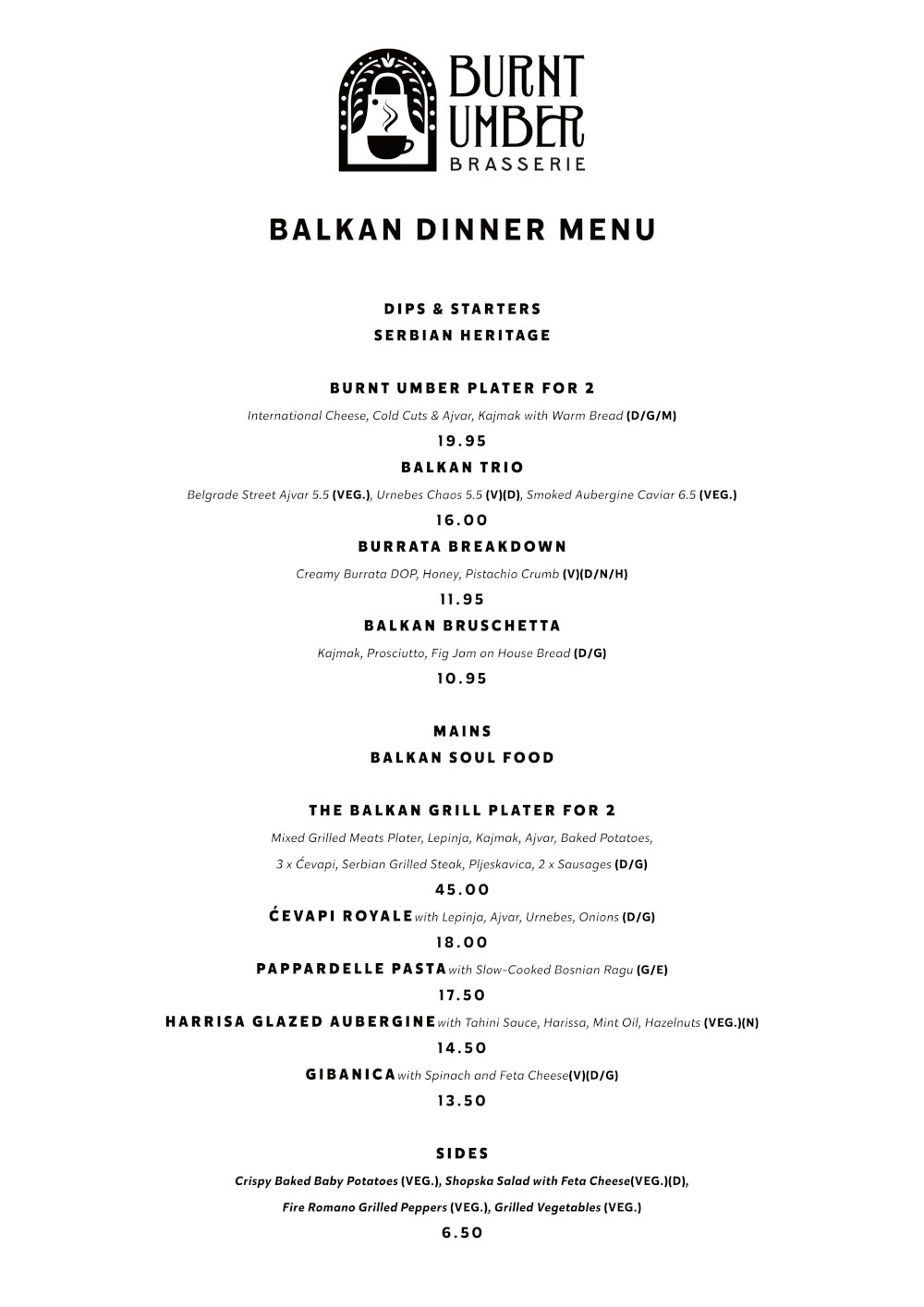 Burnt Umber Brasserie Menu: Balkan Dinner Menu
