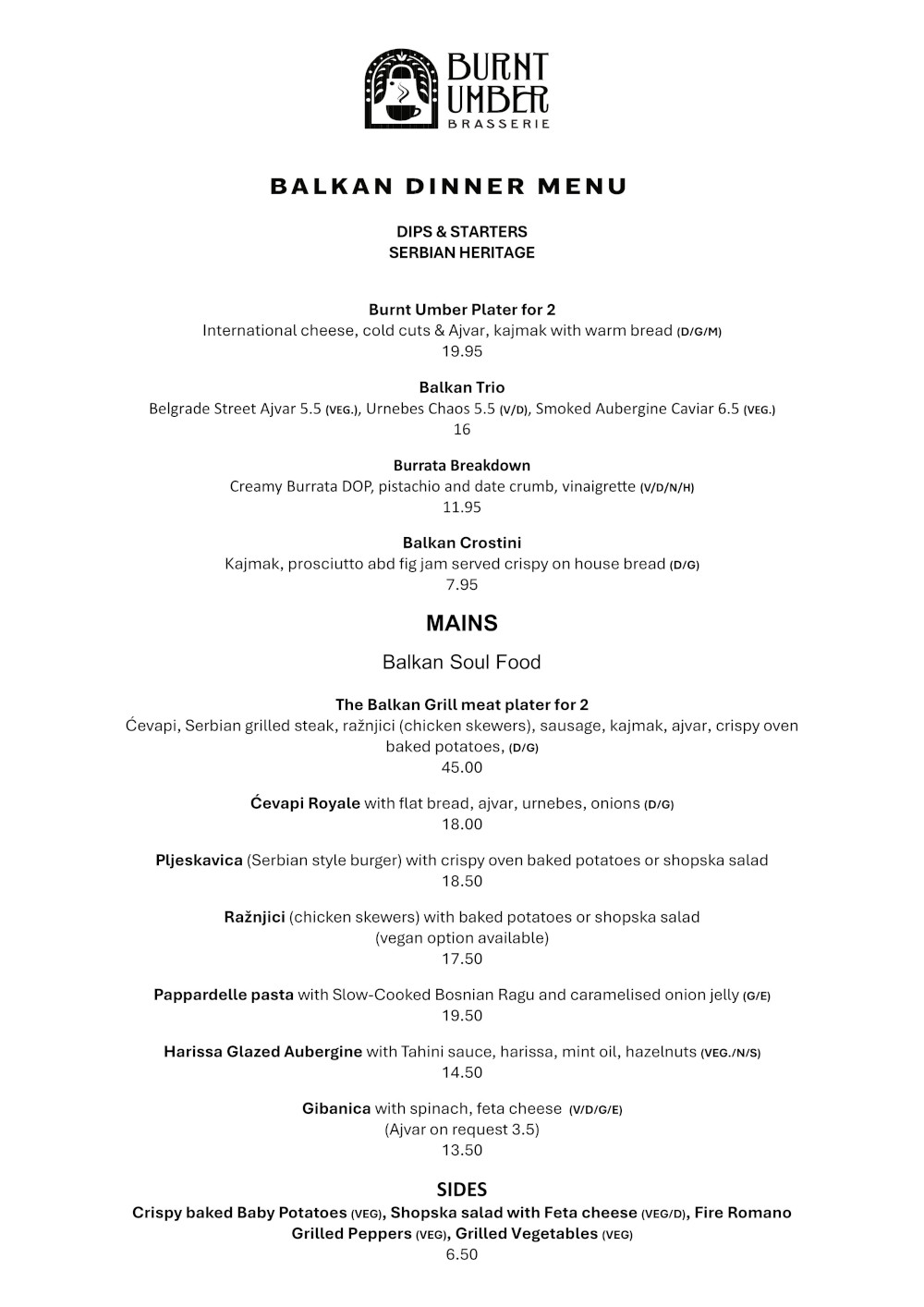 Burnt Umber Brasserie Menu: Balkan Dinner Menu Page 1