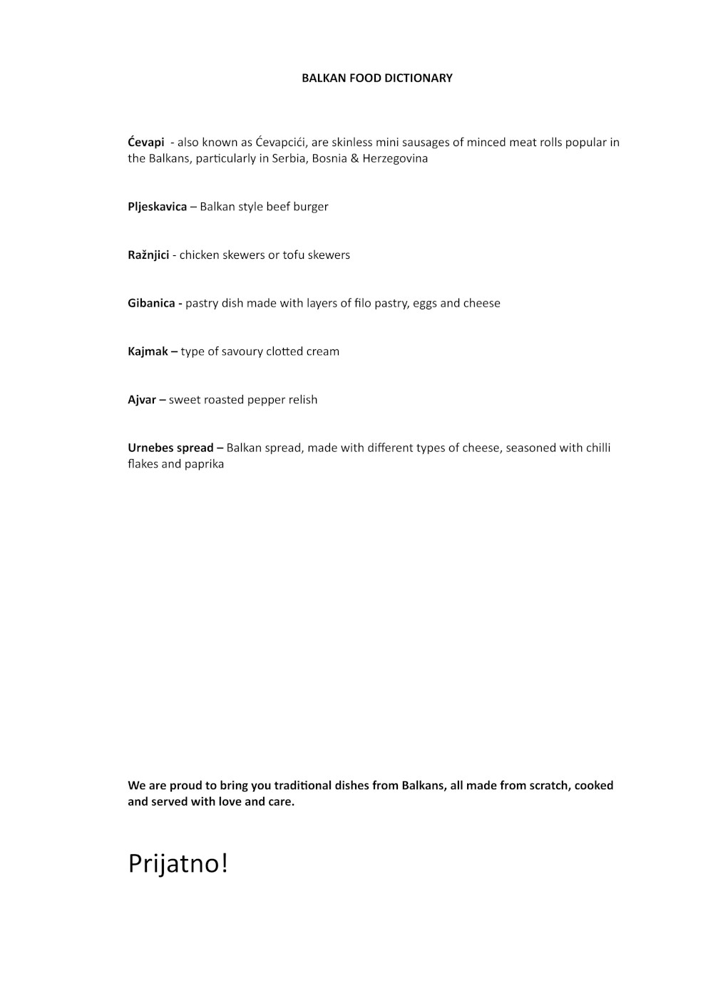 Burnt Umber Brasserie Menu: Balkan Dinner Menu Page 1