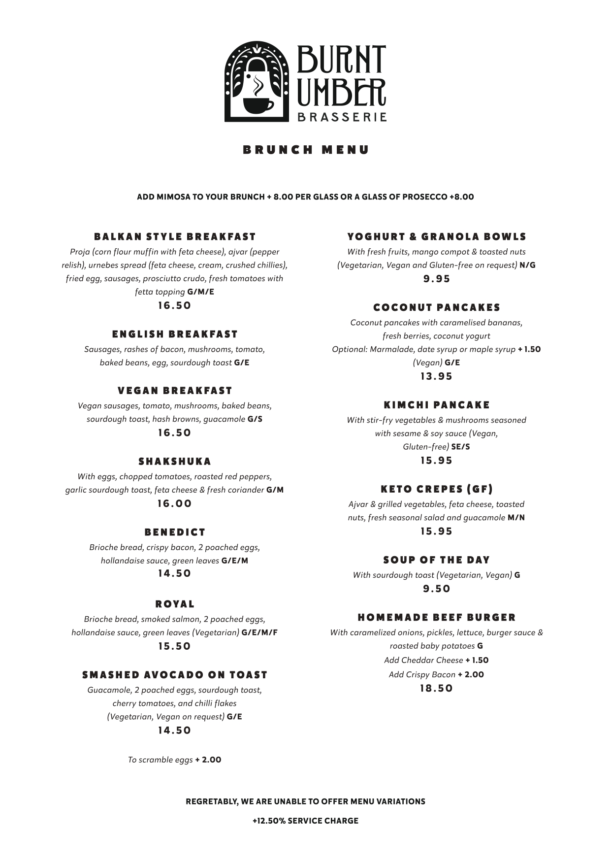 Burnt Umber Brasserie Menu: Brunch 1