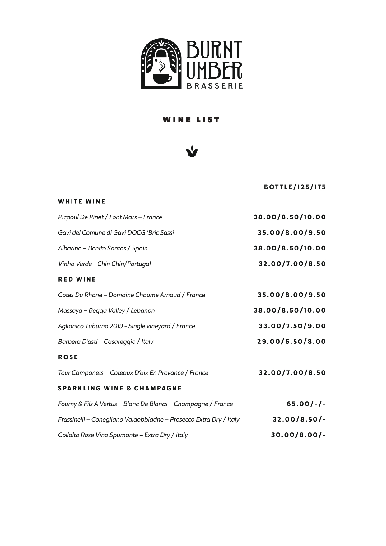 Burnt Umber Brasserie Menu Drinks: Wine List